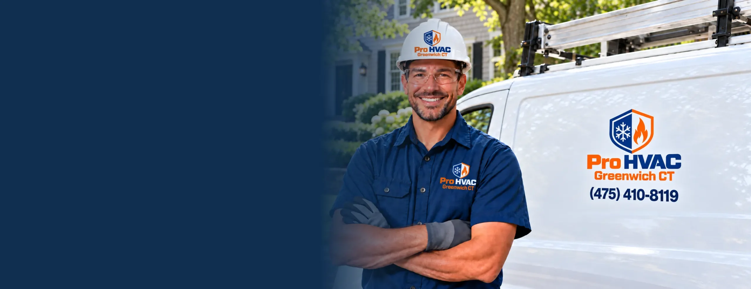 Pro HVAC Greenwich CT technician standing beside the white service van