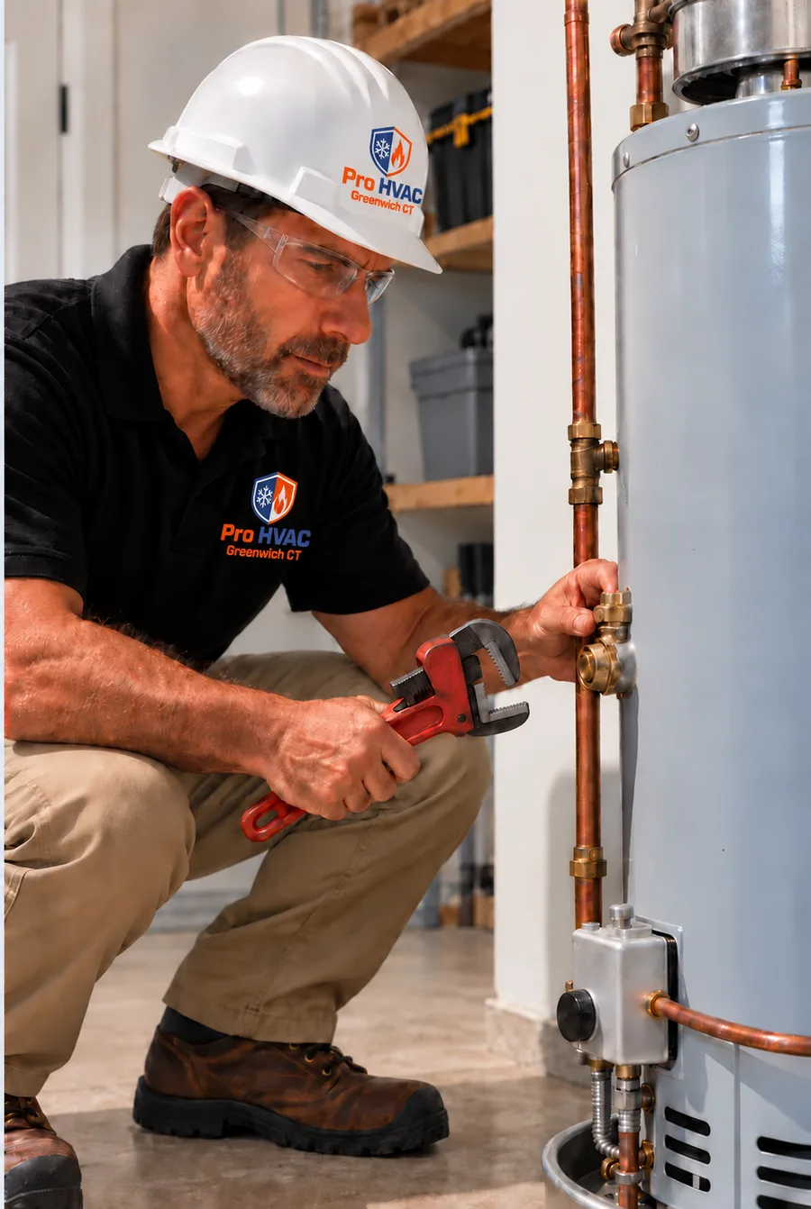 HVAC technician crouching beside a gas-fired appliance with a pipe wrench in a Greenwich utility room