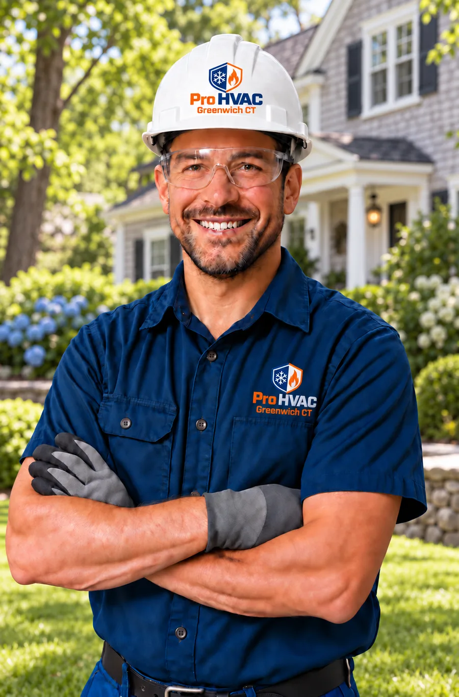 Smiling HVAC technician in a navy Pro HVAC Greenwich CT shirt and white hard hat outside a Greenwich, CT home